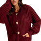 Chunky Wine Red Knit Cardigan with Gold Buttons and Front Pockets