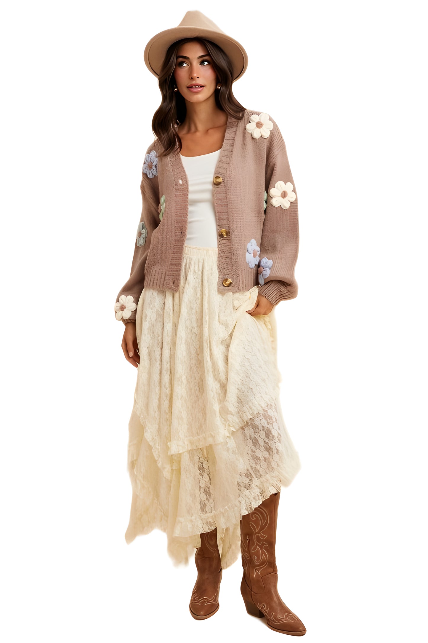 Pastel Floral Button-Up Knit Cardigan with 3D Appliqué
