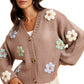 Pastel Floral Button-Up Knit Cardigan with 3D Appliqué