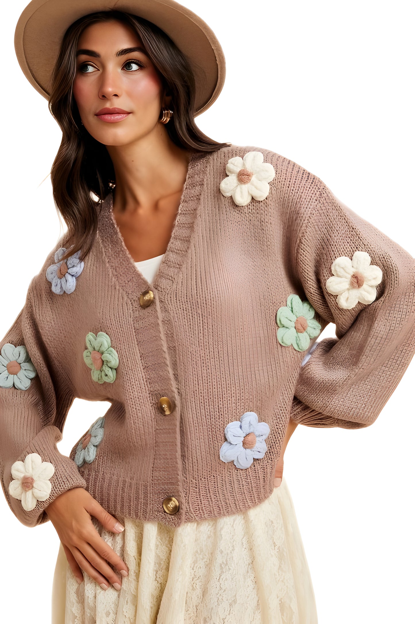 Pastel Floral Button-Up Knit Cardigan with 3D Appliqué