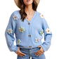 Button-Up Pastel Flower Embellished Cardigan