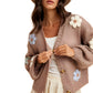 Pastel Floral Button-Up Knit Cardigan with 3D Appliqué