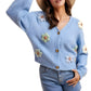 Button-Up Pastel Flower Embellished Cardigan
