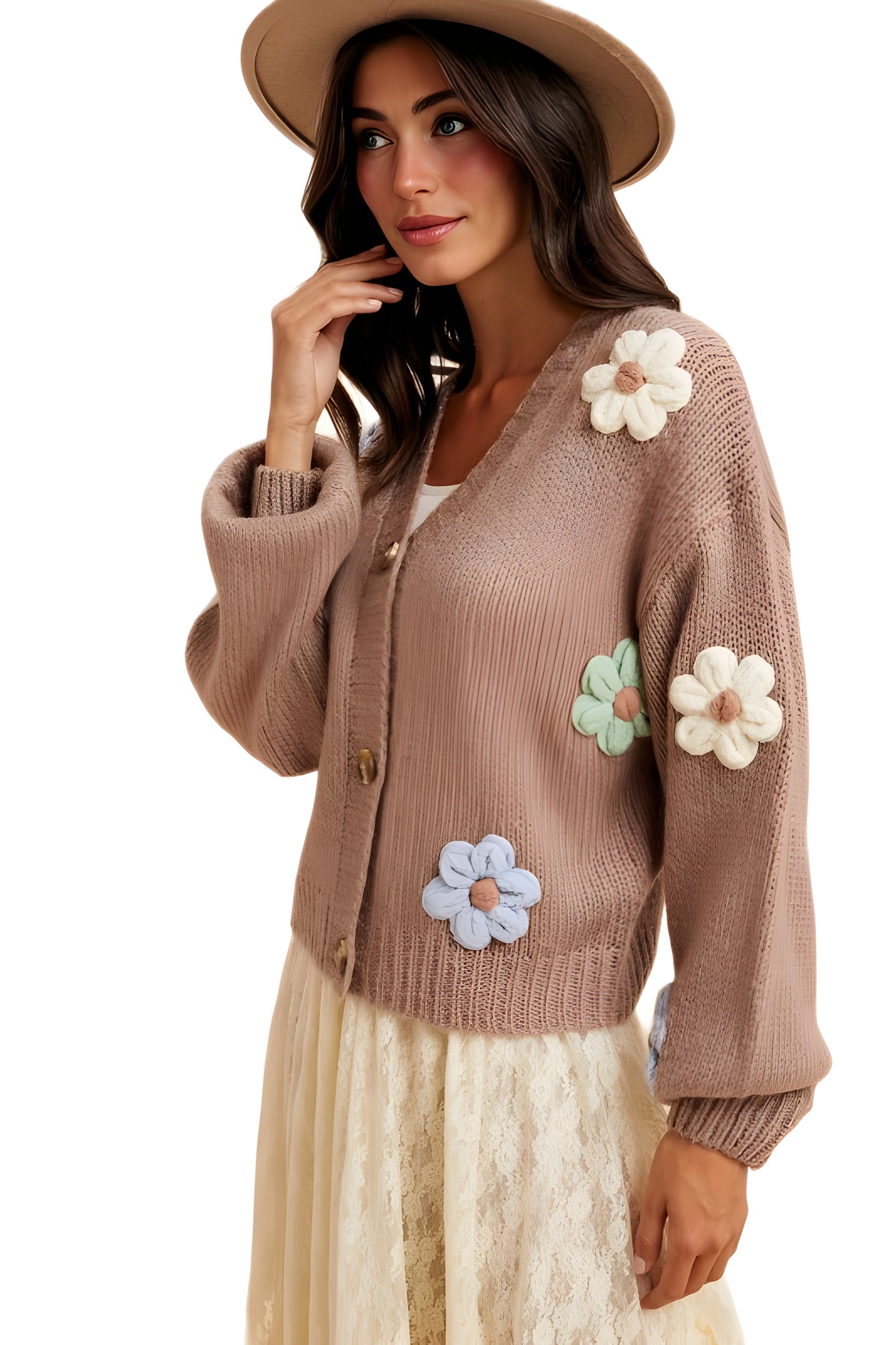 Pastel Floral Button-Up Knit Cardigan with 3D Appliqué