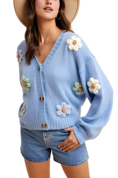 Button-Up Pastel Flower Embellished Cardigan
