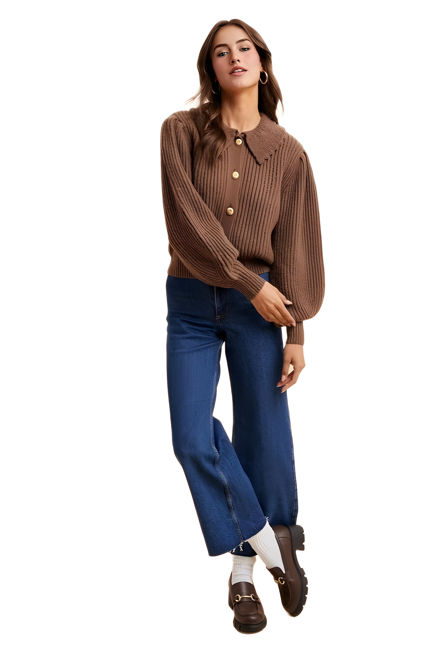 Classic Ribbed Button-Up Cardigan with Structured Collar