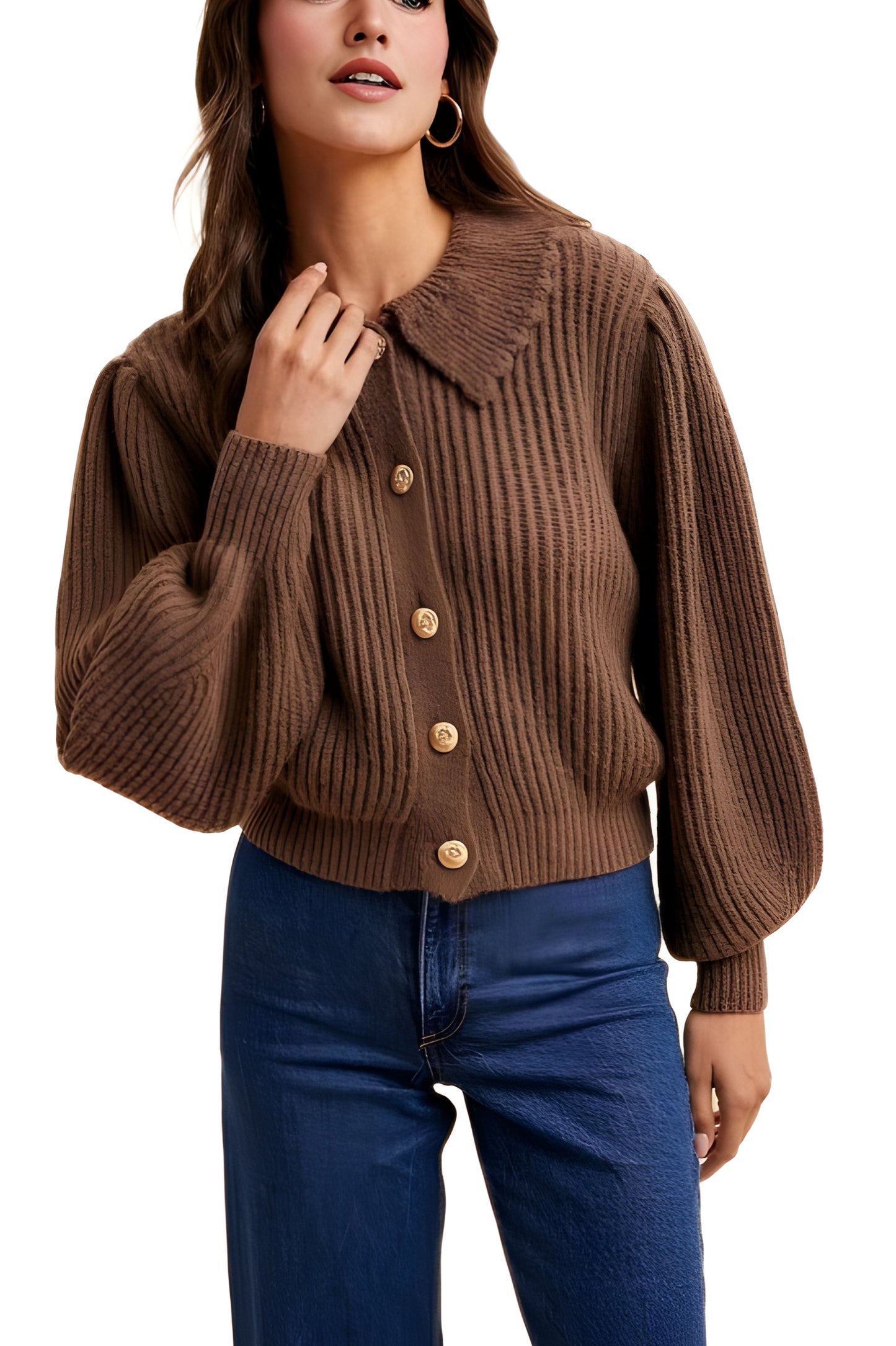 Classic Ribbed Button-Up Cardigan with Structured Collar
