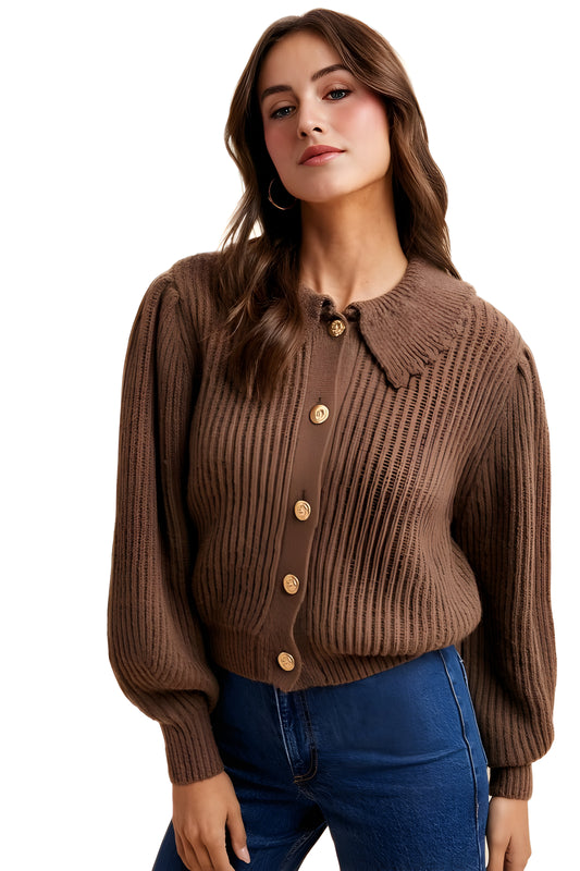 Classic Ribbed Button-Up Cardigan with Structured Collar
