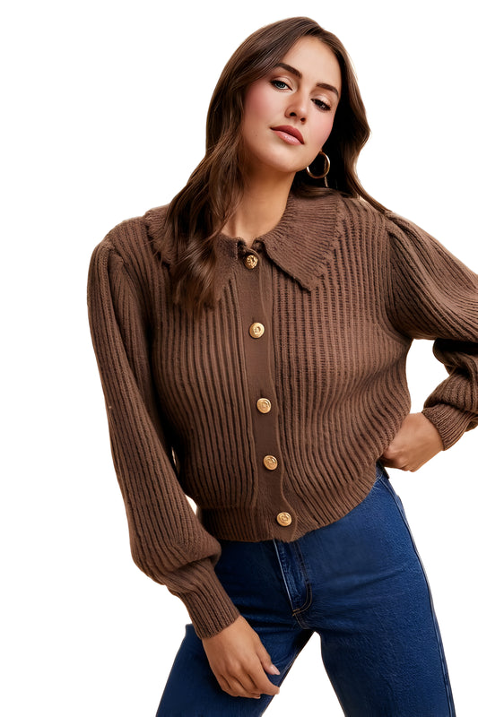 Classic Ribbed Button-Up Cardigan with Structured Collar
