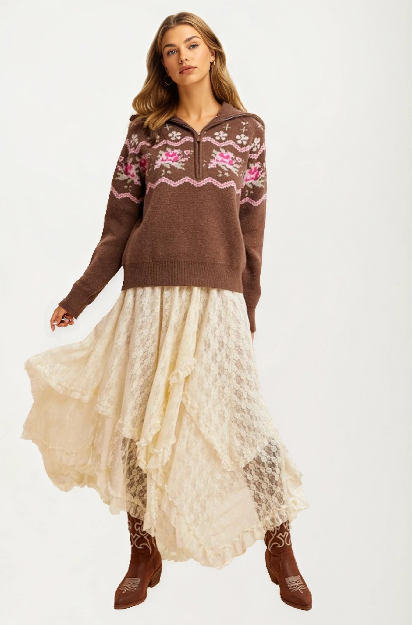 Half-Zip Sweater with Floral Fair Isle Pattern