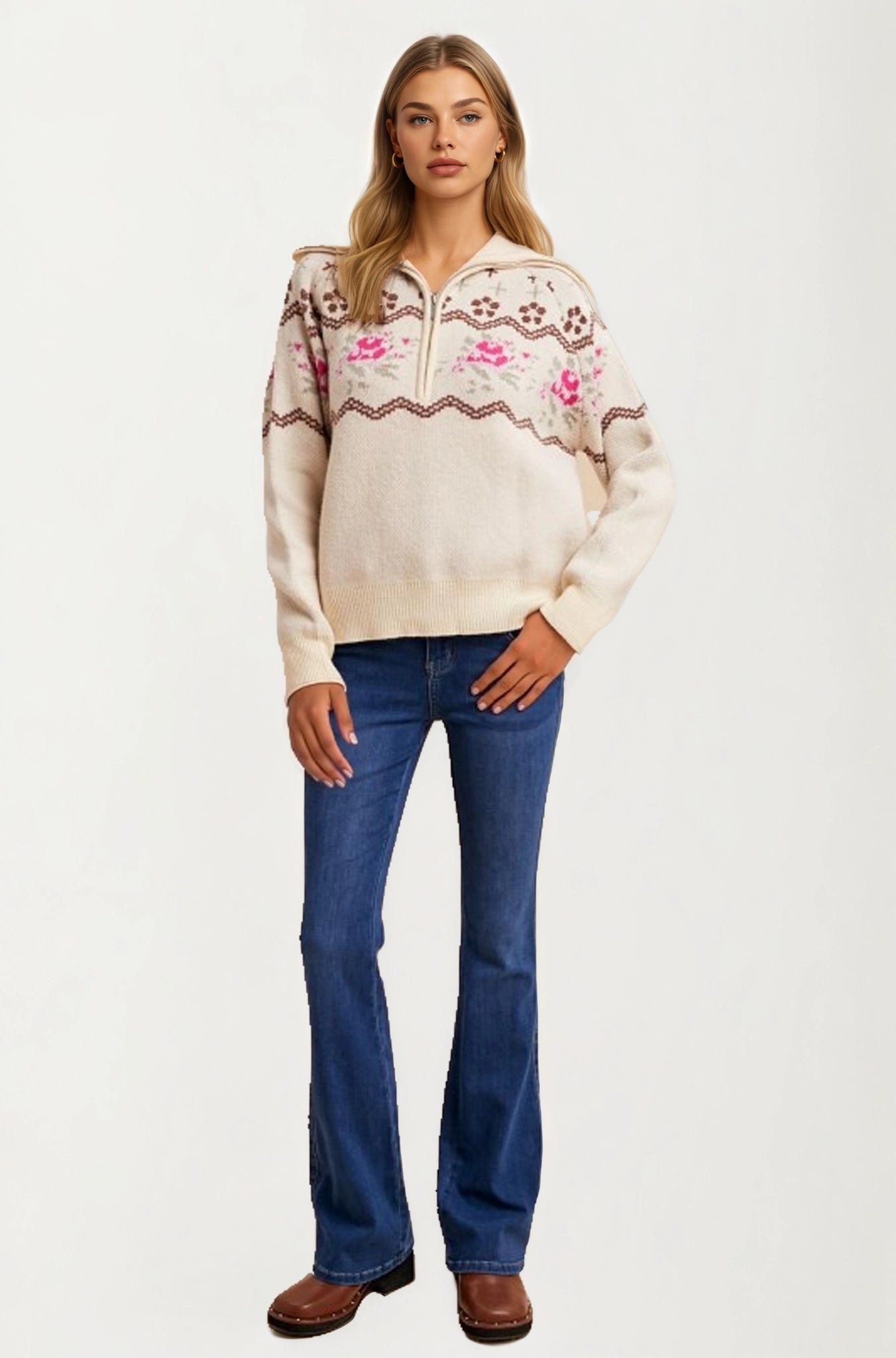Half-Zip Sweater with Floral Fair Isle Pattern