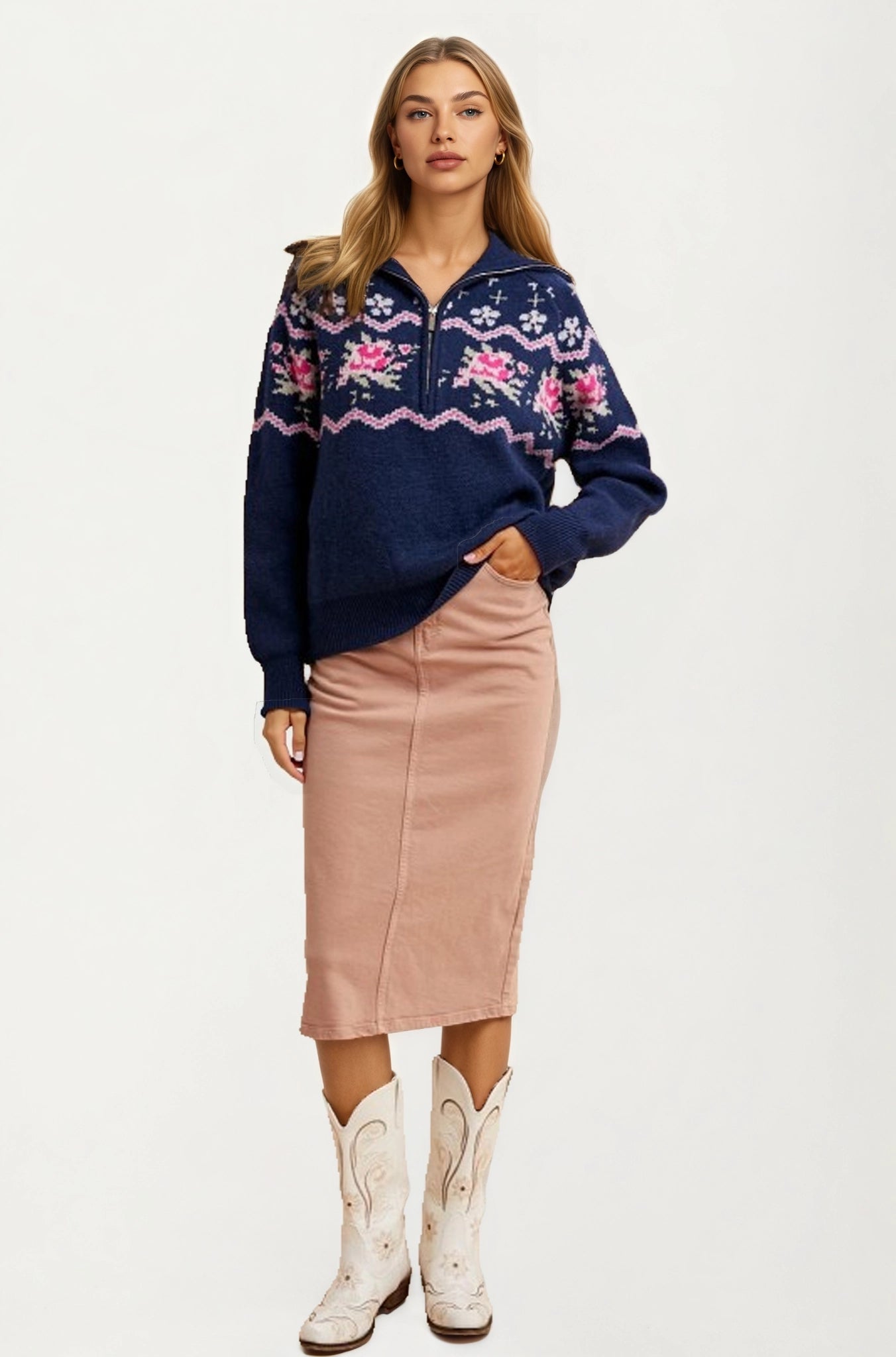 Half-Zip Sweater with Floral Fair Isle Pattern