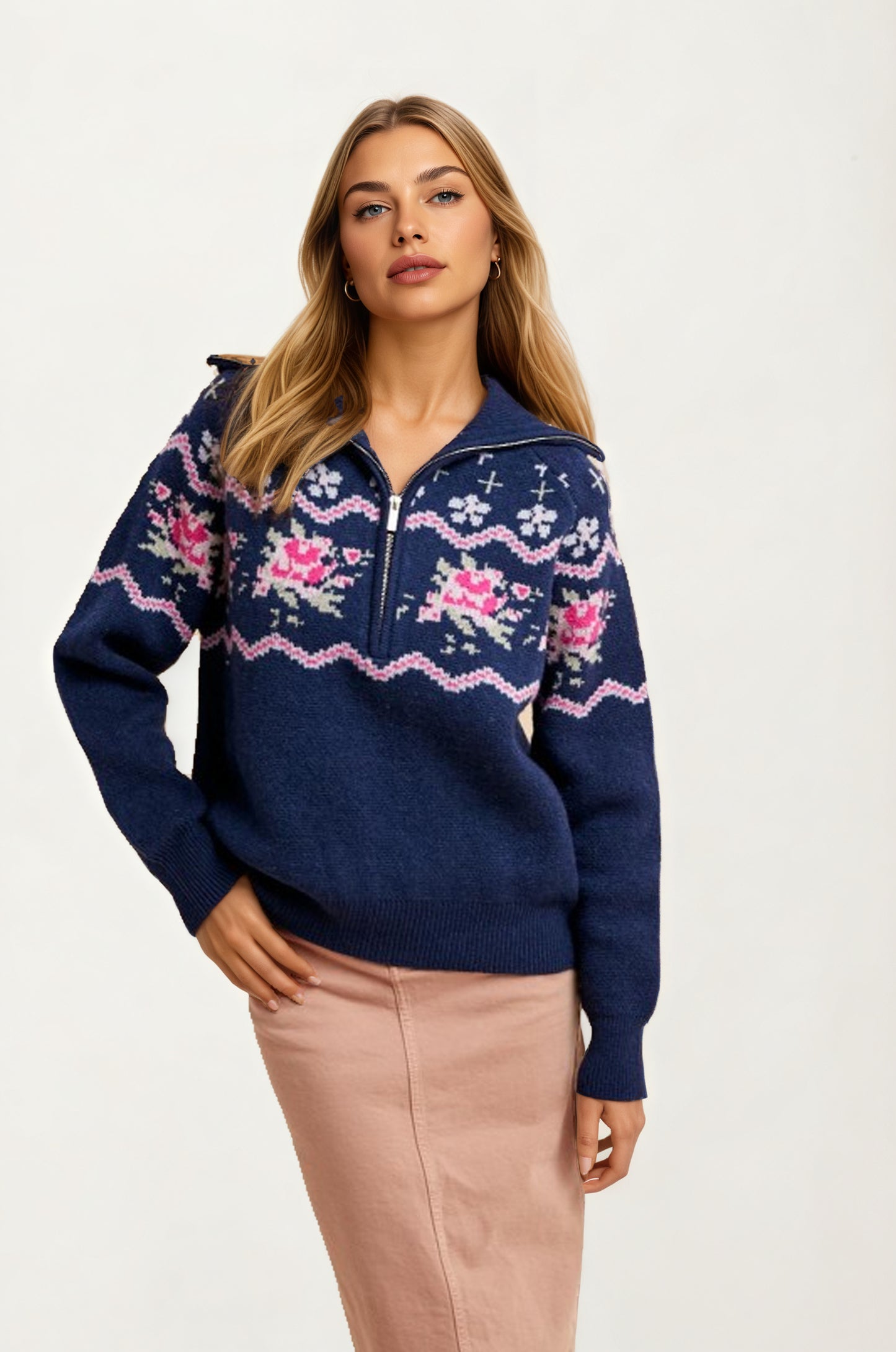 Half-Zip Sweater with Floral Fair Isle Pattern