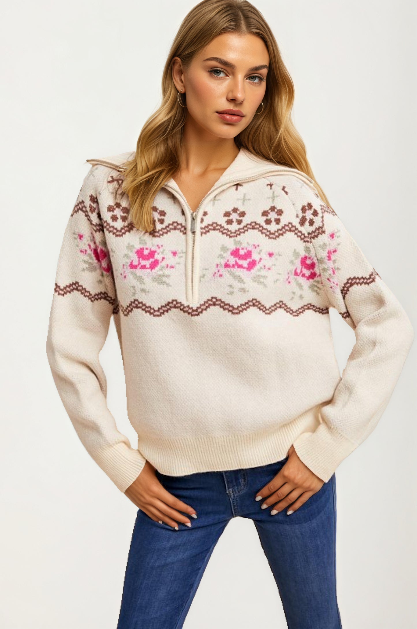 Half-Zip Sweater with Floral Fair Isle Pattern
