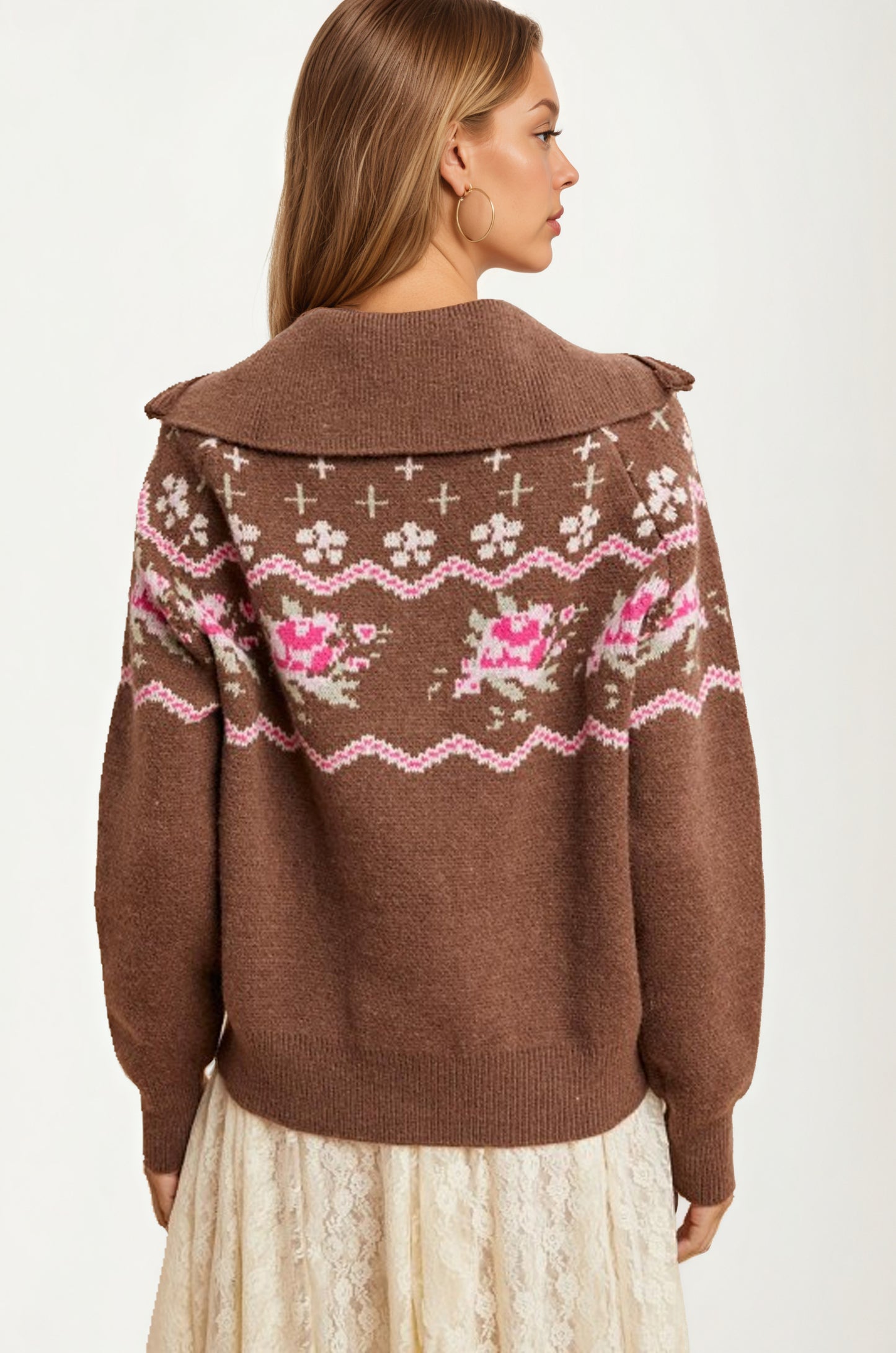 Half-Zip Sweater with Floral Fair Isle Pattern