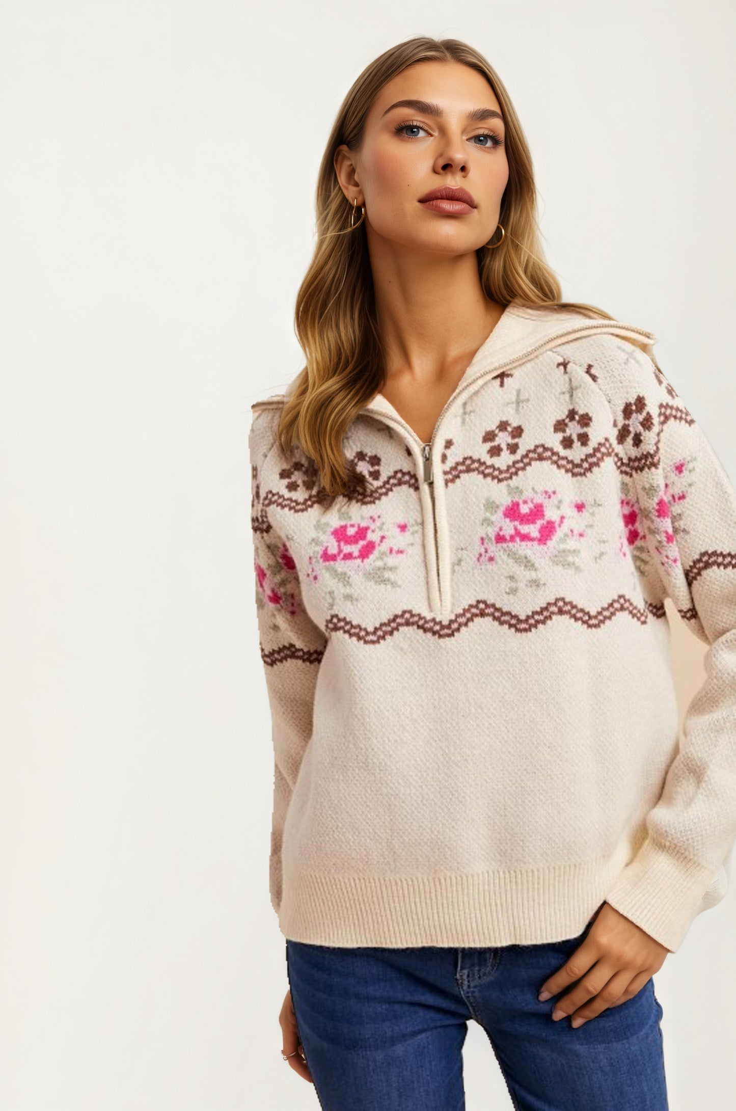 Half-Zip Sweater with Floral Fair Isle Pattern