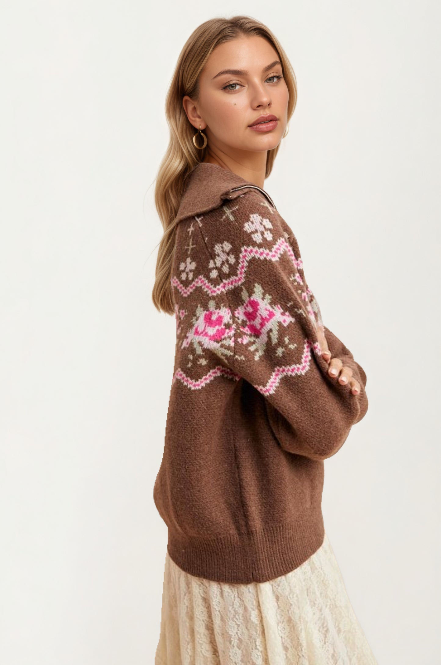 Half-Zip Sweater with Floral Fair Isle Pattern