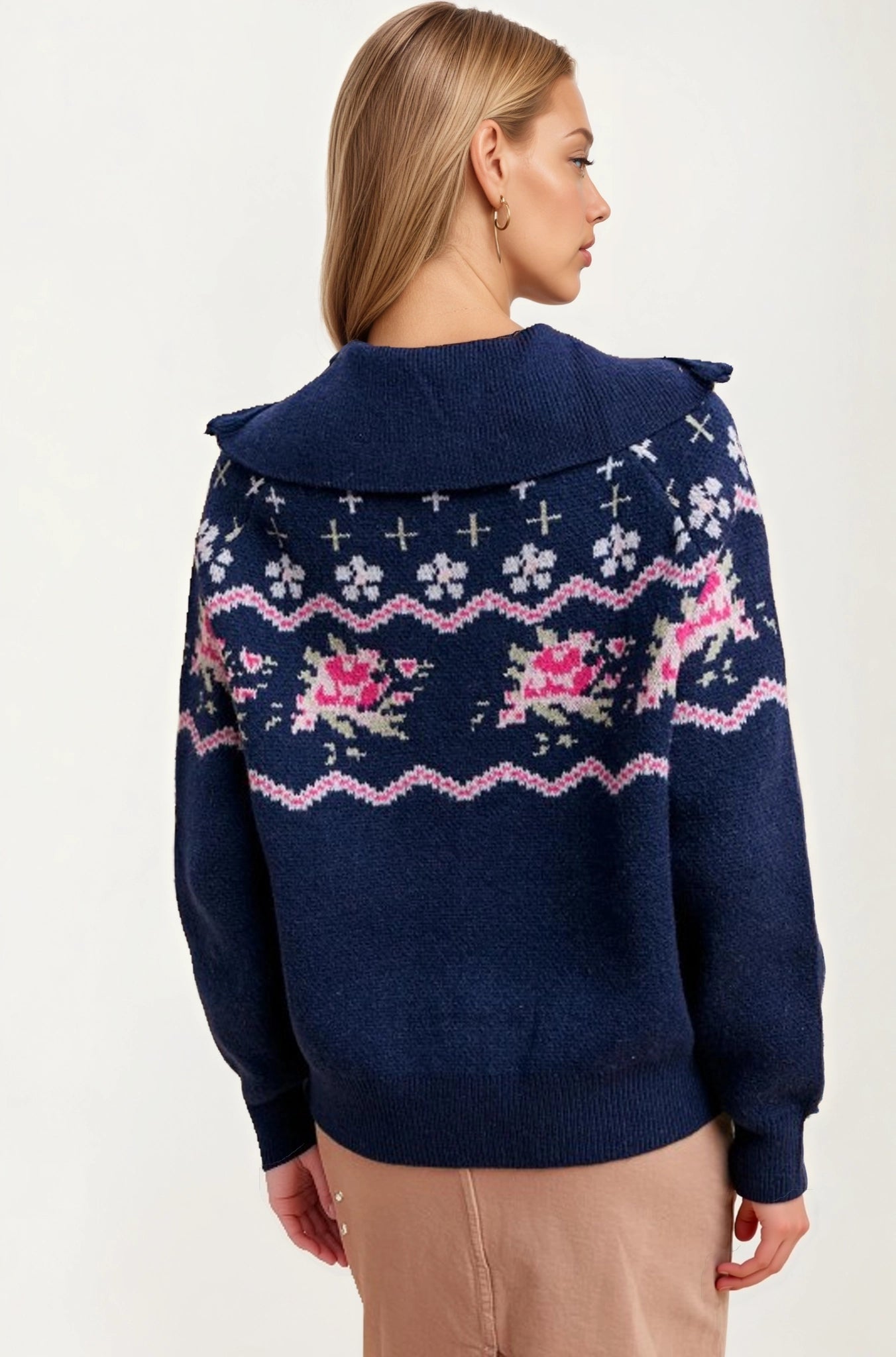 Half-Zip Sweater with Floral Fair Isle Pattern