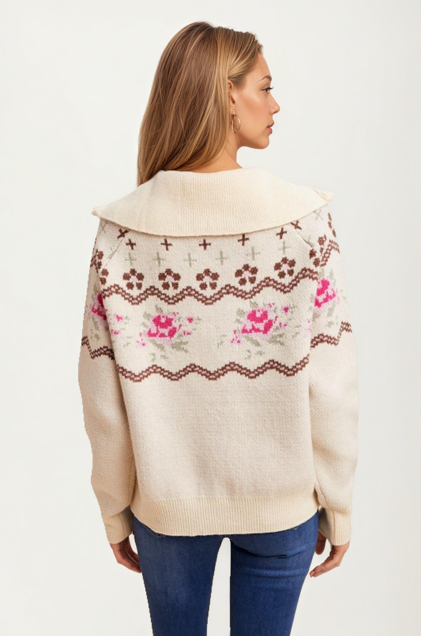 Half-Zip Sweater with Floral Fair Isle Pattern