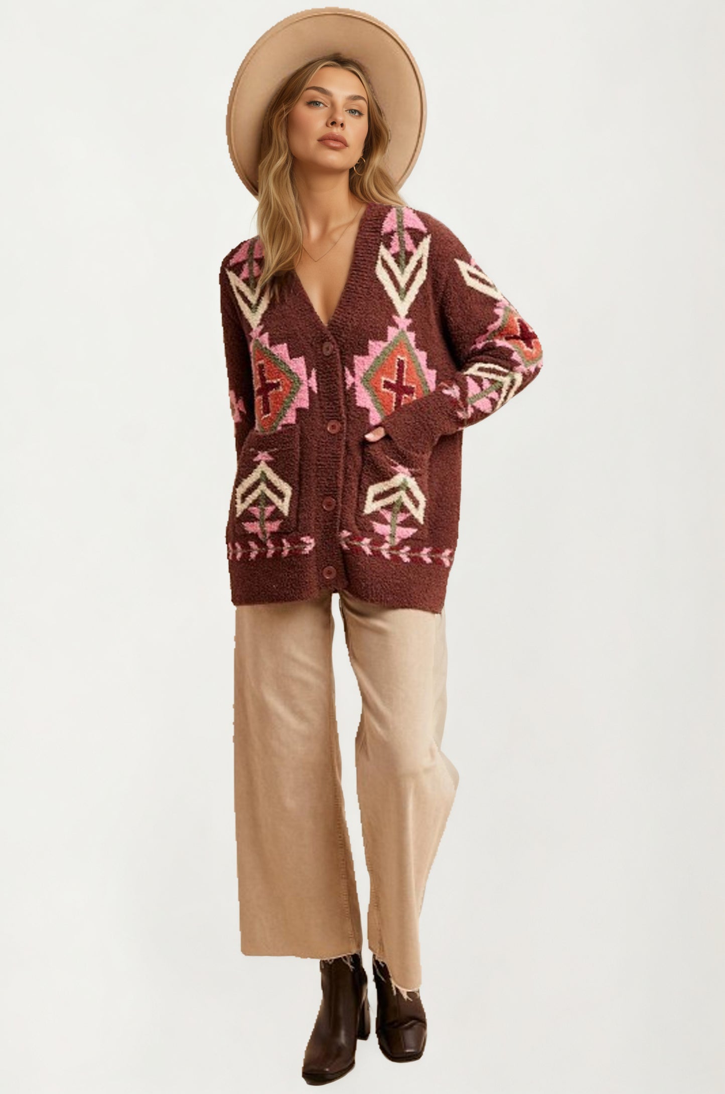 Oversized Geo Knit Cardigan with Pockets