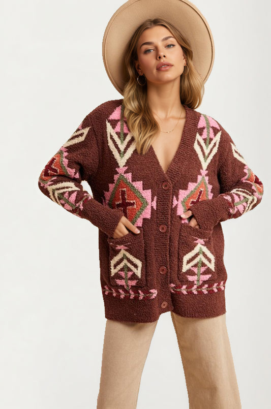 Oversized Geo Knit Cardigan with Pockets