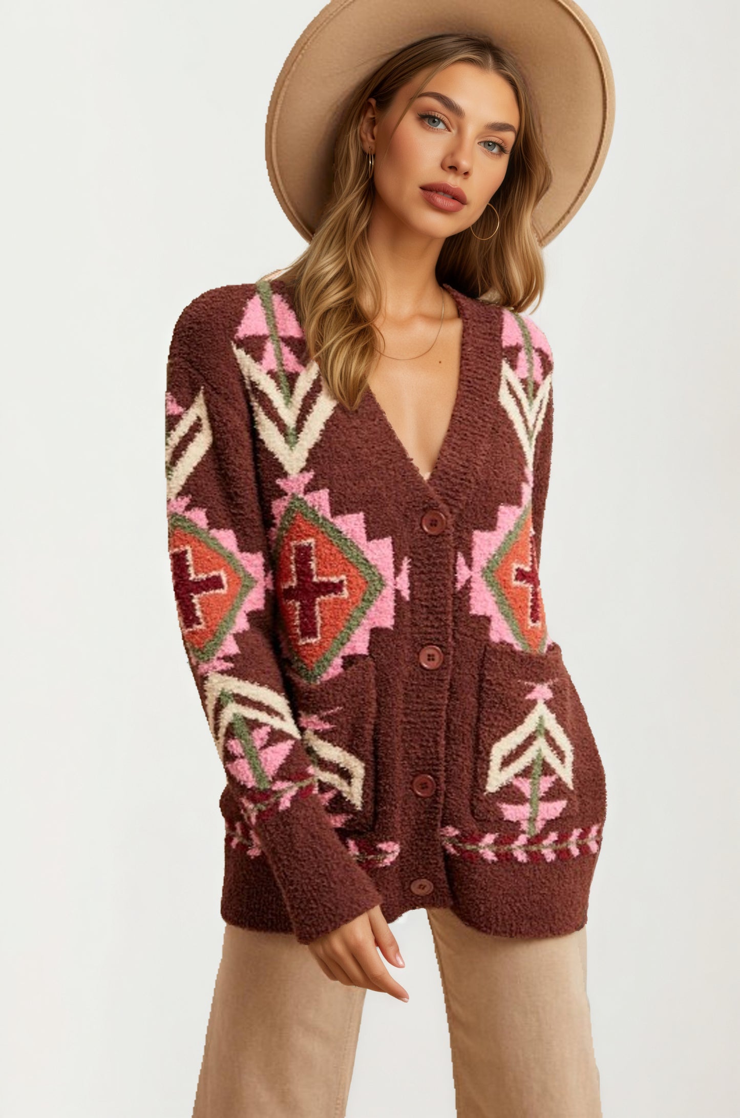 Oversized Geo Knit Cardigan with Pockets