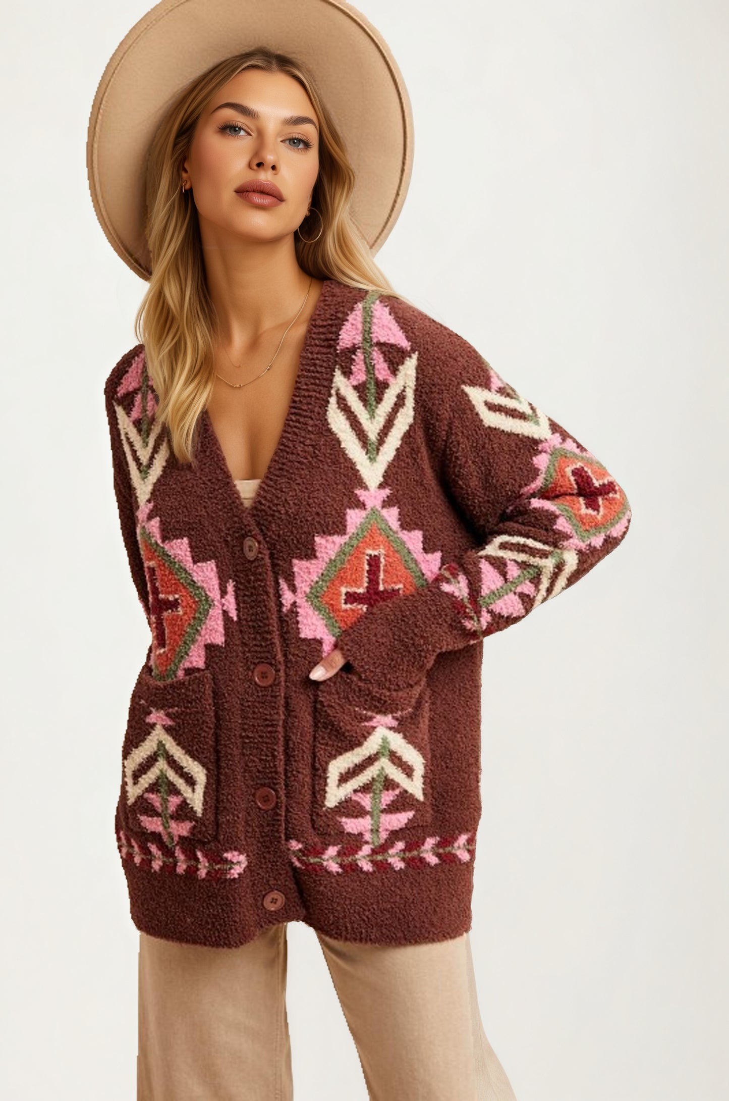Oversized Geo Knit Cardigan with Pockets