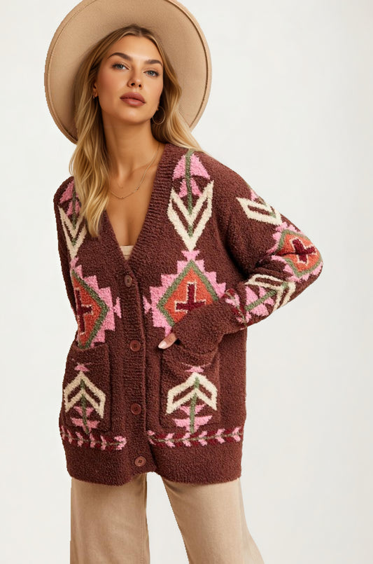 Oversized Geo Knit Cardigan with Pockets