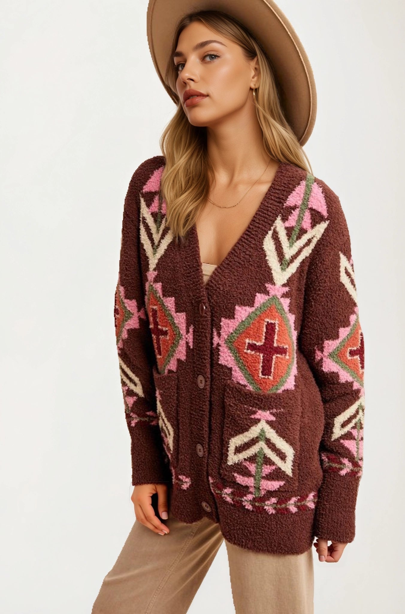Oversized Geo Knit Cardigan with Pockets