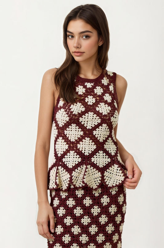 Sleeveless Crochet Peplum Top in Brown and Cream Pattern
