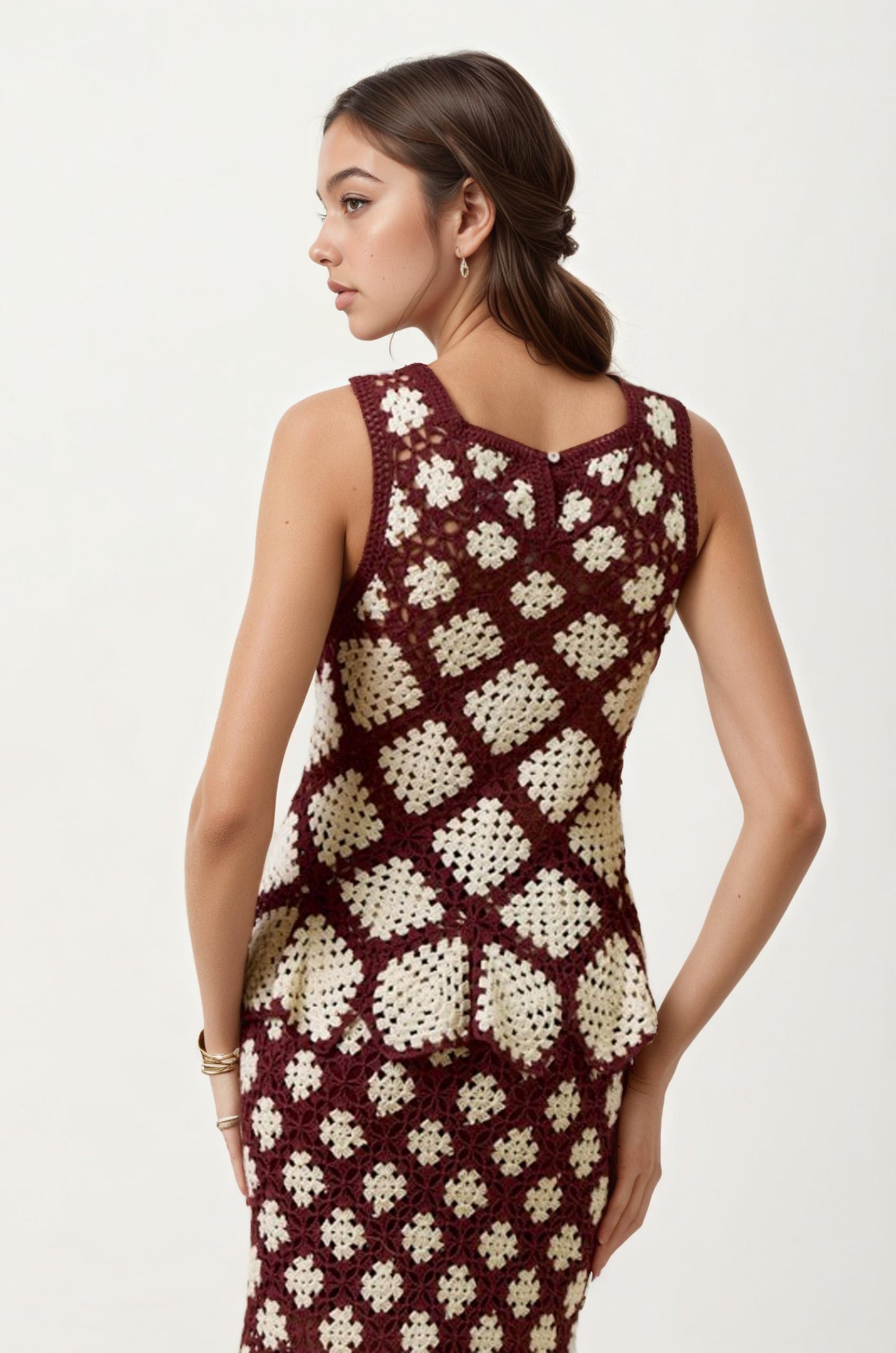 Sleeveless Crochet Peplum Top in Brown and Cream Pattern