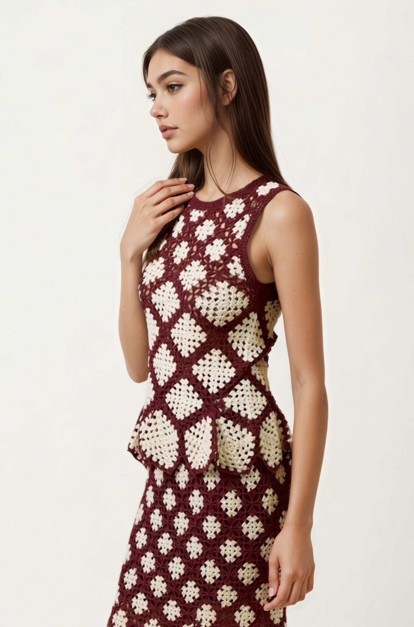 Sleeveless Crochet Peplum Top in Brown and Cream Pattern