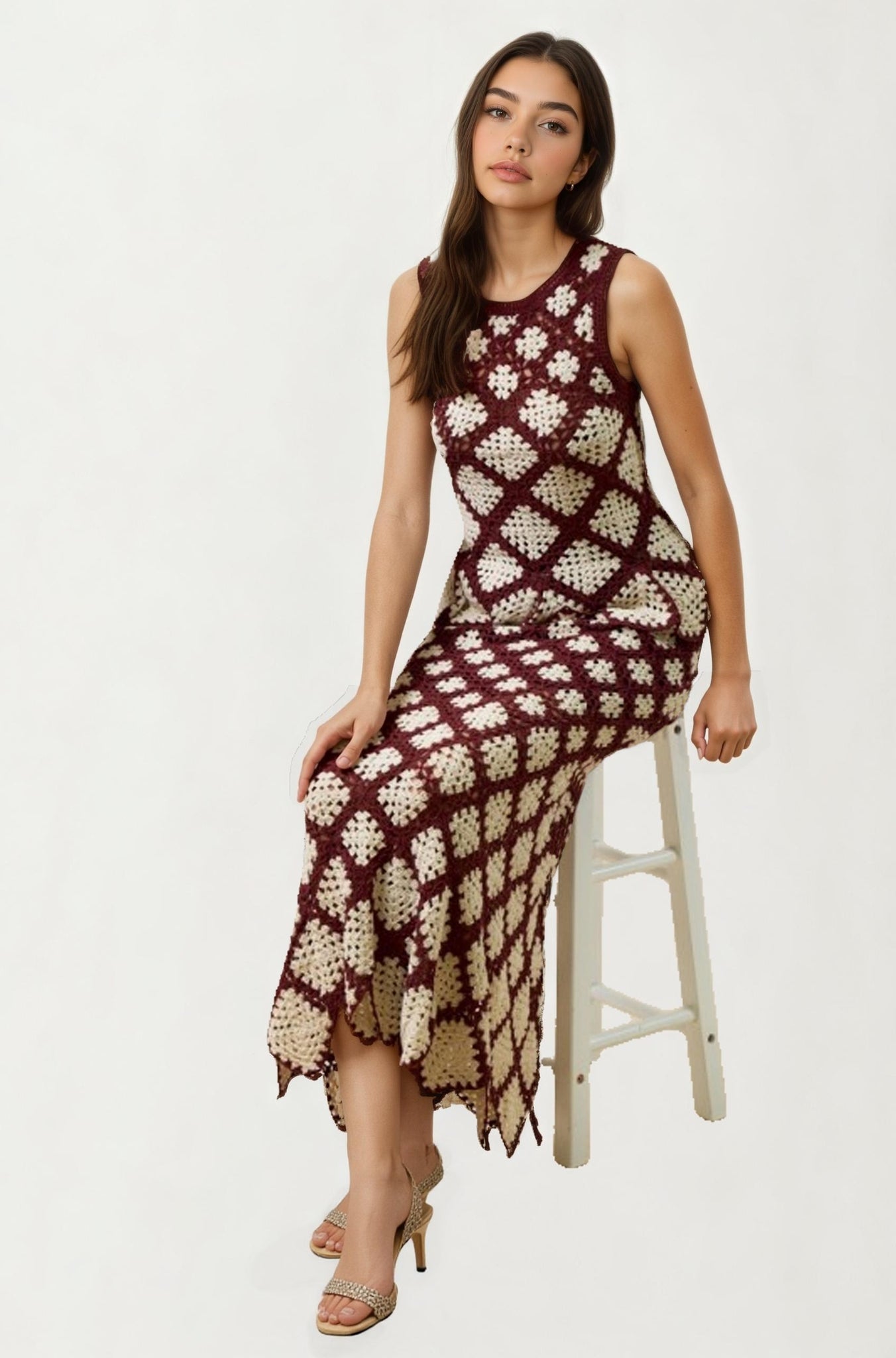 Sleeveless Crochet Peplum Top in Brown and Cream Pattern