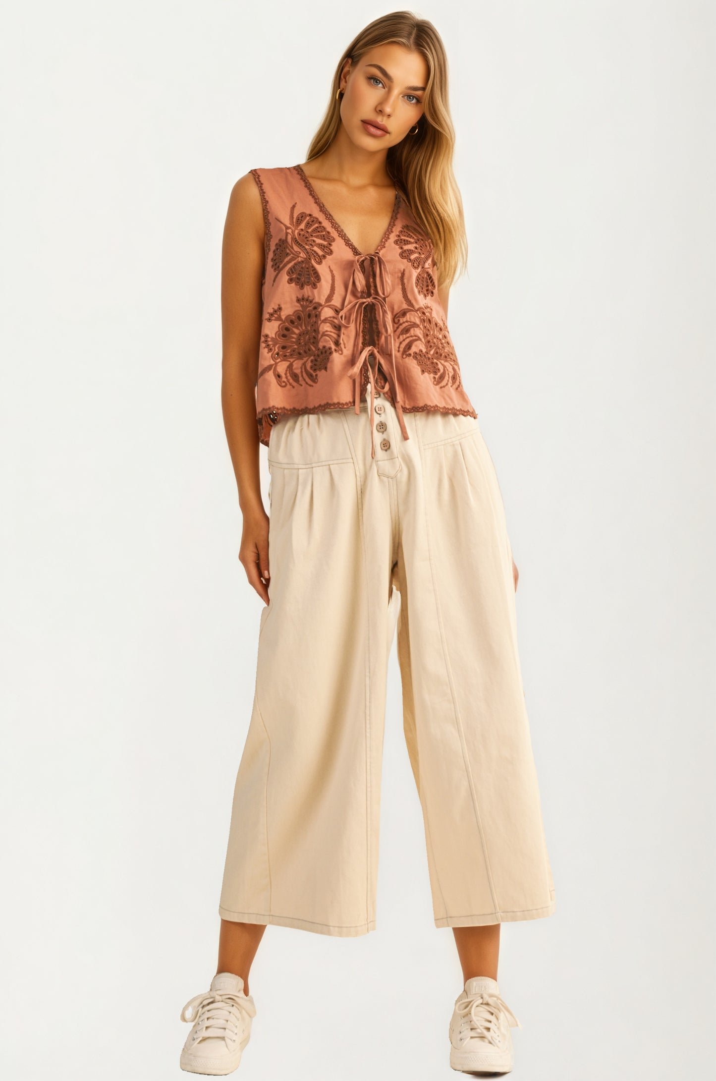 High Waist Wide-Leg Cropped Pants with Button Detail