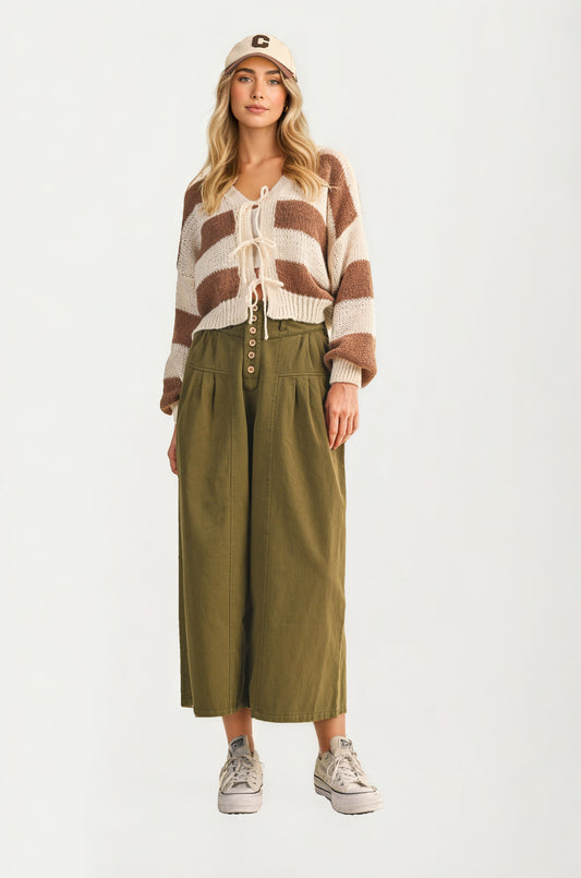High Waist Wide-Leg Cropped Pants with Button Detail