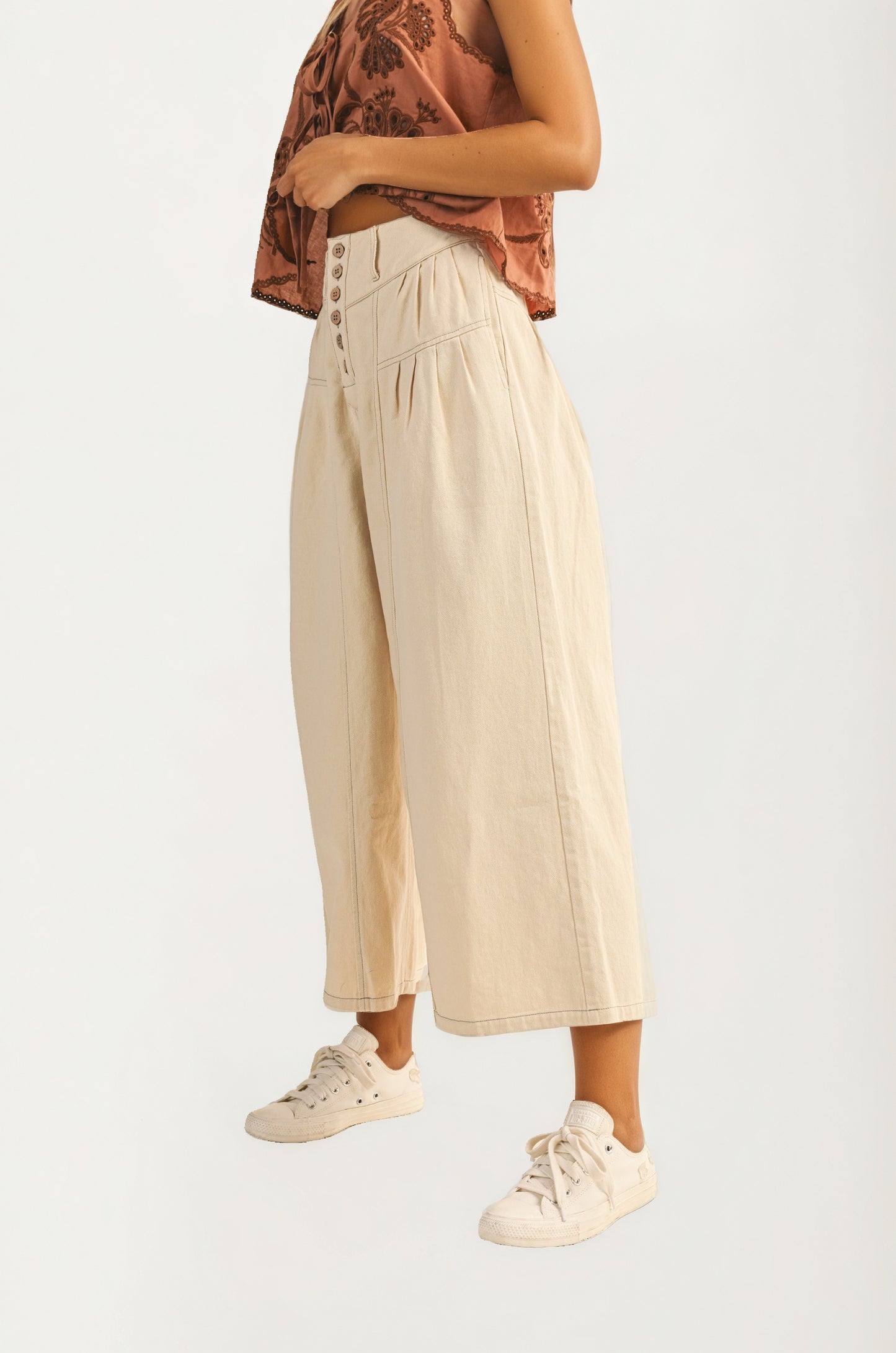 High Waist Wide-Leg Cropped Pants with Button Detail