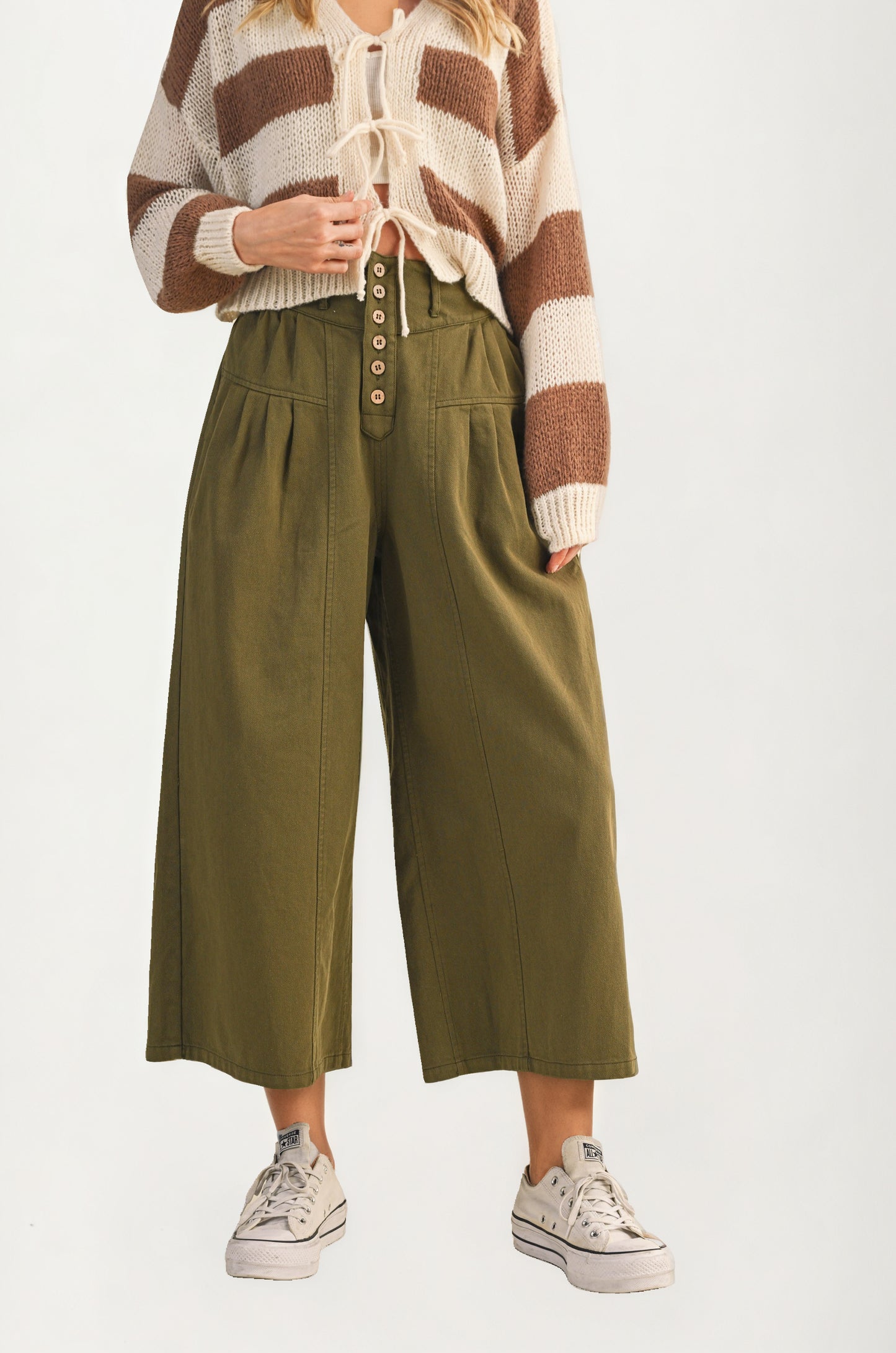 High Waist Wide-Leg Cropped Pants with Button Detail