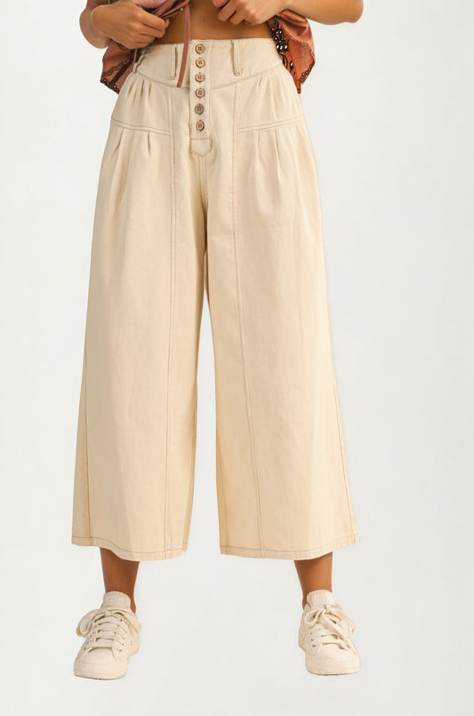 High Waist Wide-Leg Cropped Pants with Button Detail
