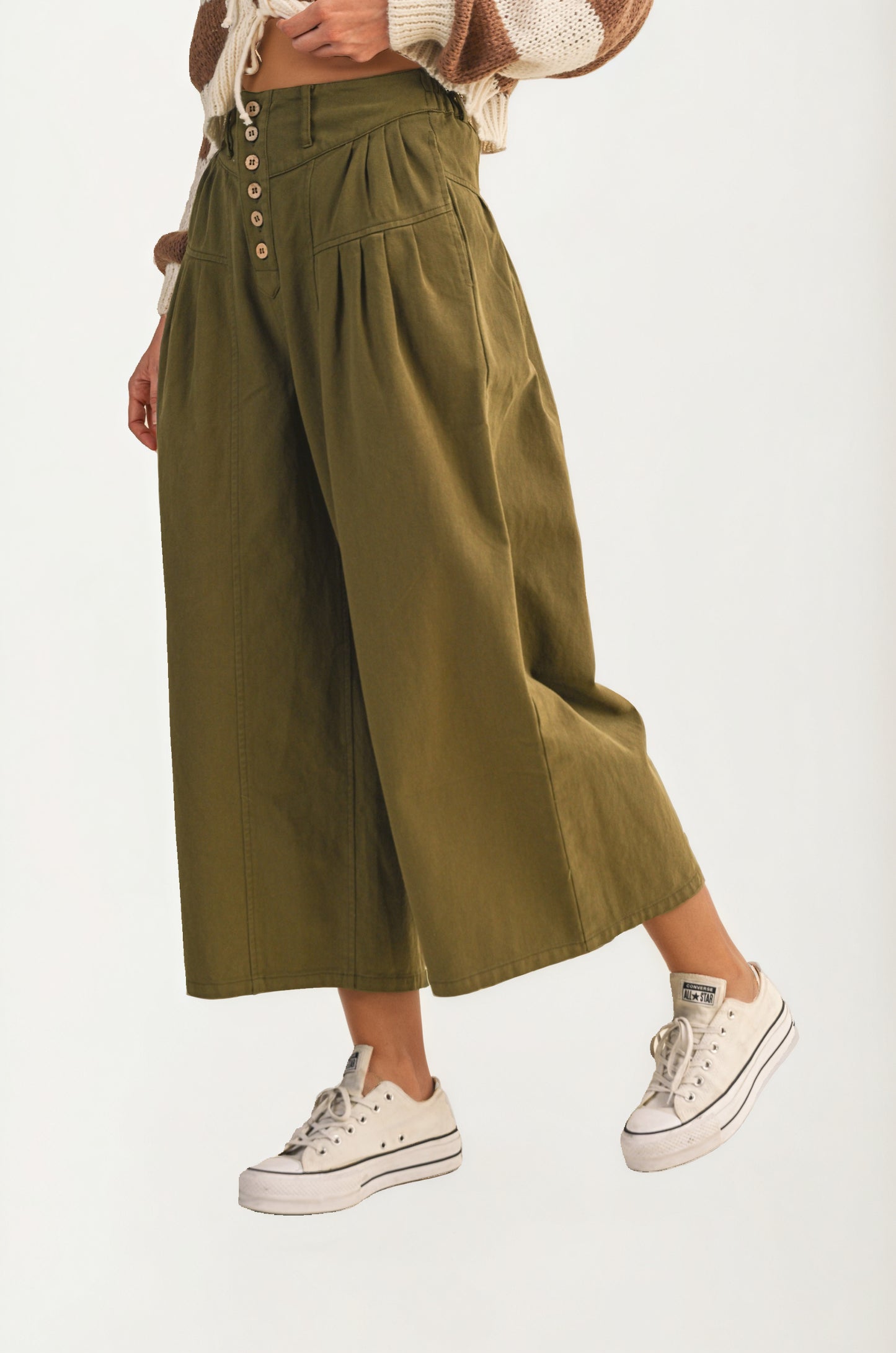 High Waist Wide-Leg Cropped Pants with Button Detail