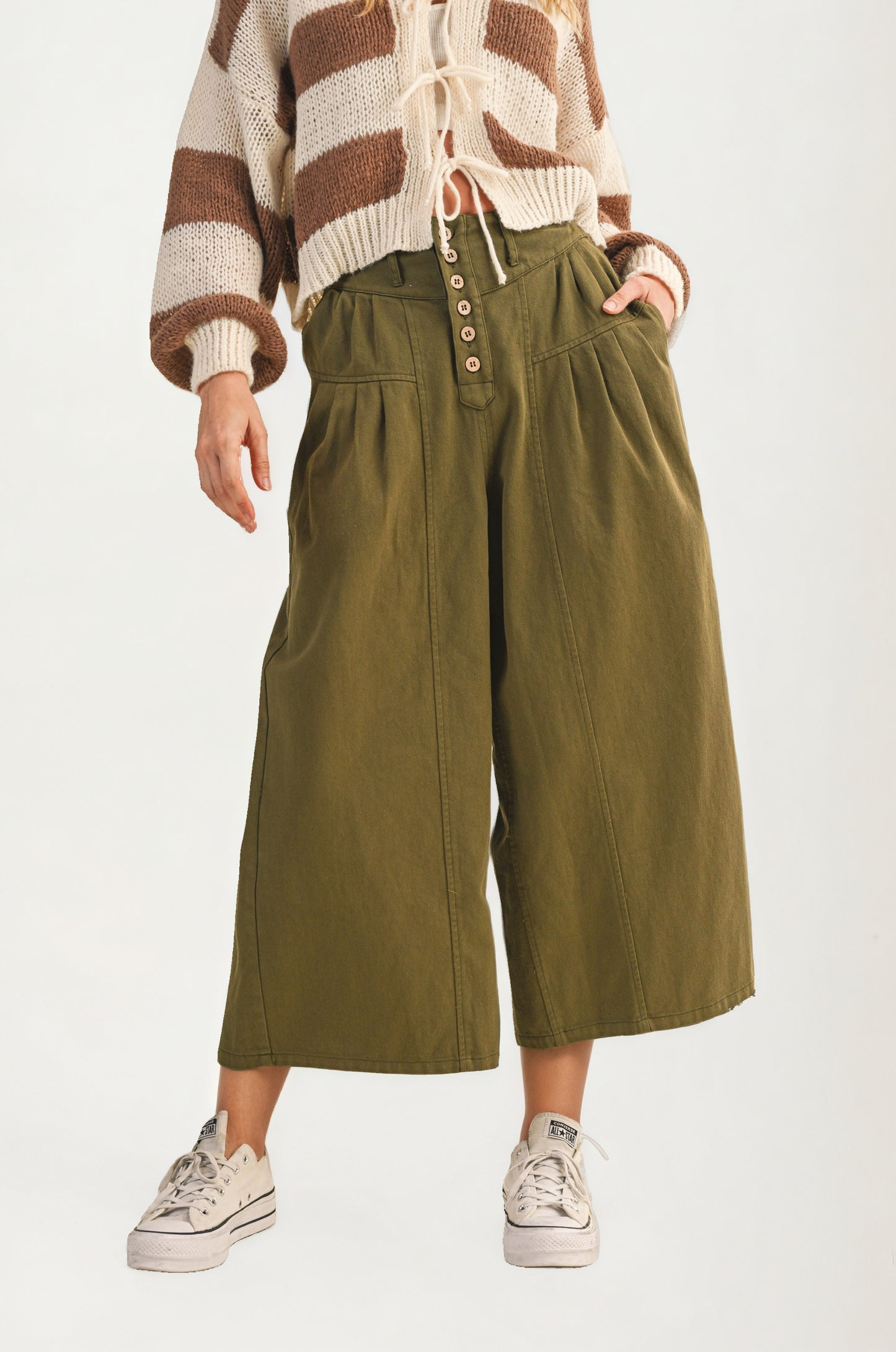 High Waist Wide-Leg Cropped Pants with Button Detail