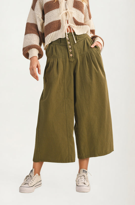 High Waist Wide-Leg Cropped Pants with Button Detail