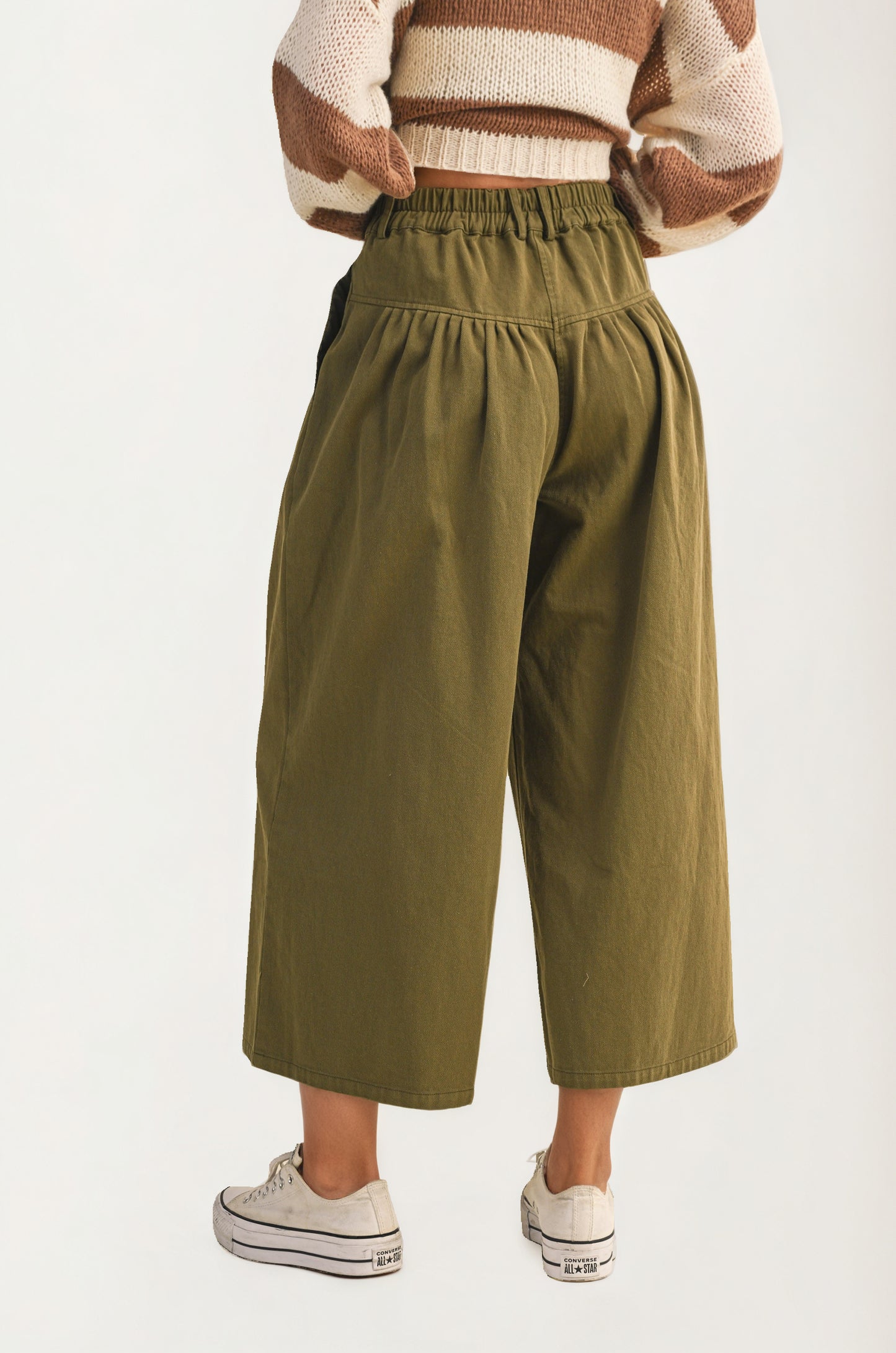 High Waist Wide-Leg Cropped Pants with Button Detail