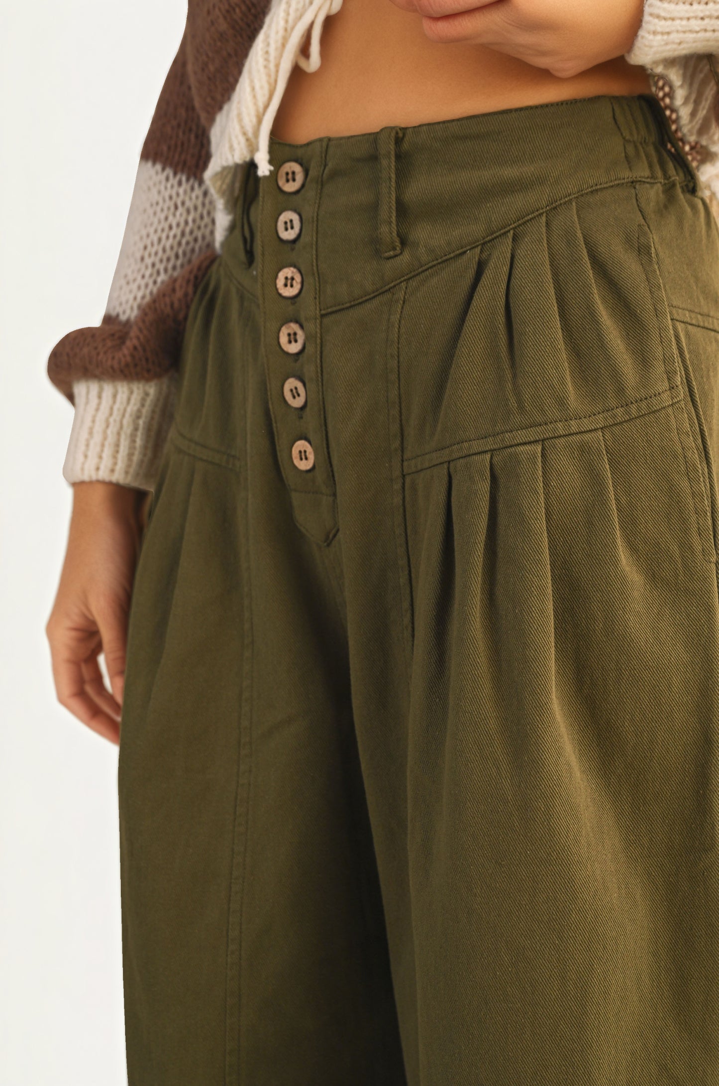 High Waist Wide-Leg Cropped Pants with Button Detail