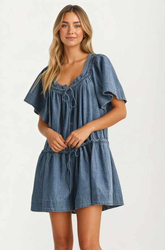 Denim Romper with Flutter Sleeves and Cinched Waist
