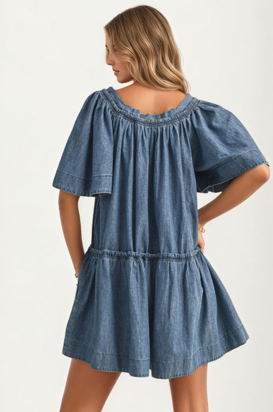 Denim Romper with Flutter Sleeves and Cinched Waist