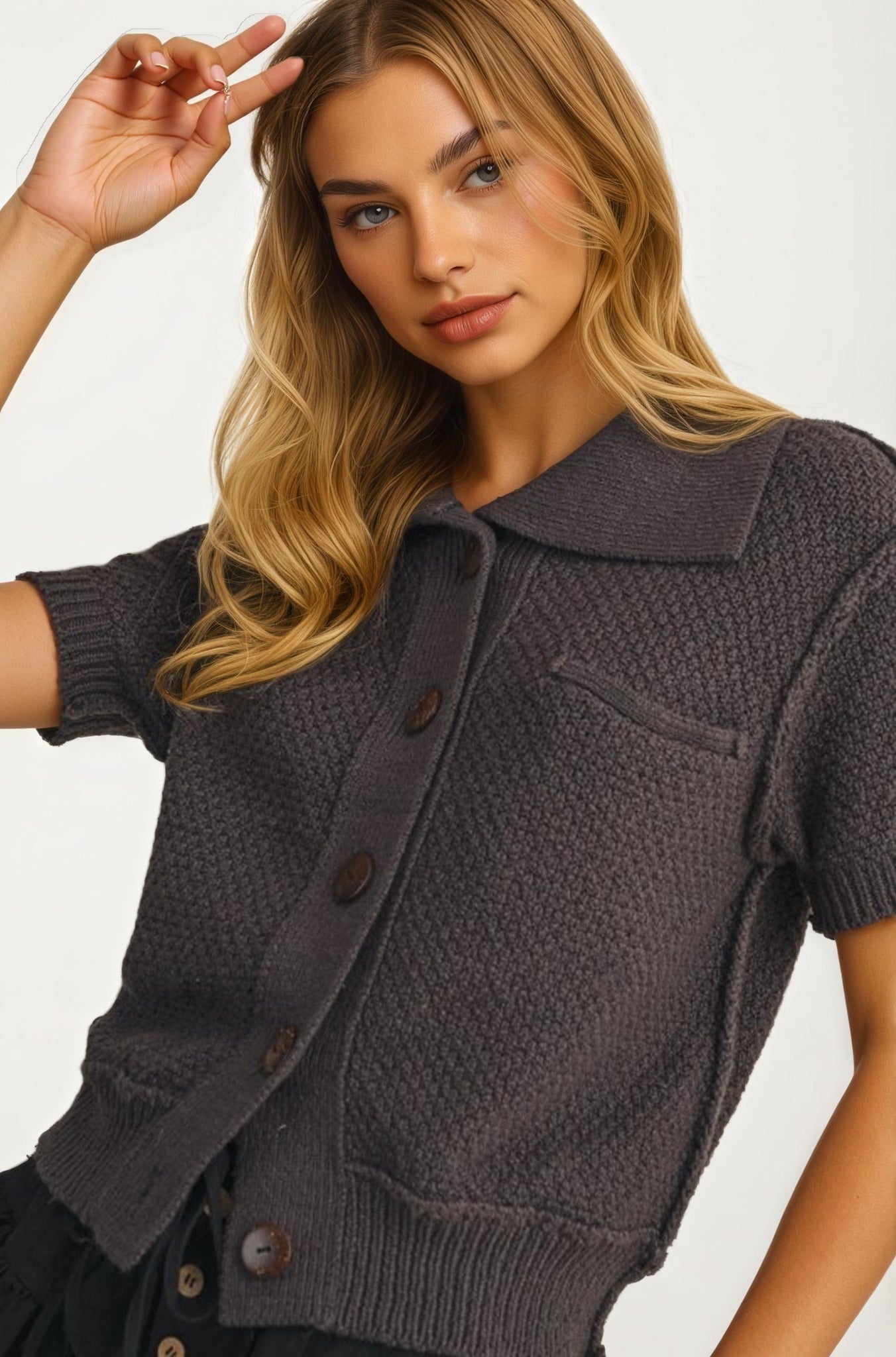Short Sleeve Textured Knit Cardigan with Spread Collar