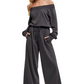 Charcoal Lounge Set Pullover Top Wide Leg Pants Drawstring Waist Soft Knit