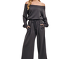Charcoal Lounge Set Pullover Top Wide Leg Pants Drawstring Waist Soft Knit