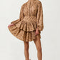 Tiered Long Sleeve Mini Dress with Smocked Waist in Neutral Print