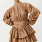 Tiered Long Sleeve Mini Dress with Smocked Waist in Neutral Print